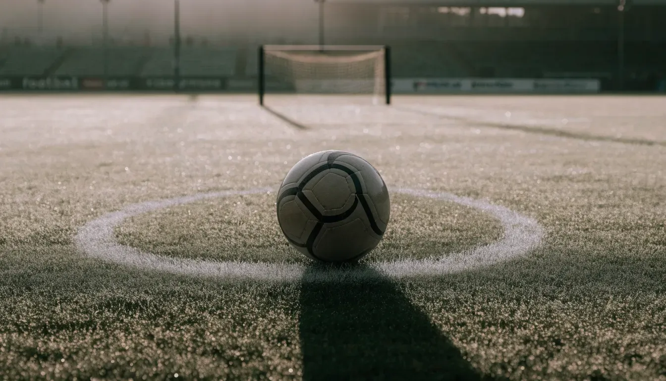 Ein einzelner Fussball liegt auf dem Anstosspunkt eines leeren Rasenplatzes am frühen Morgen, Tau glitzert auf dem Gras, die Tribüne liegt im Dunst.