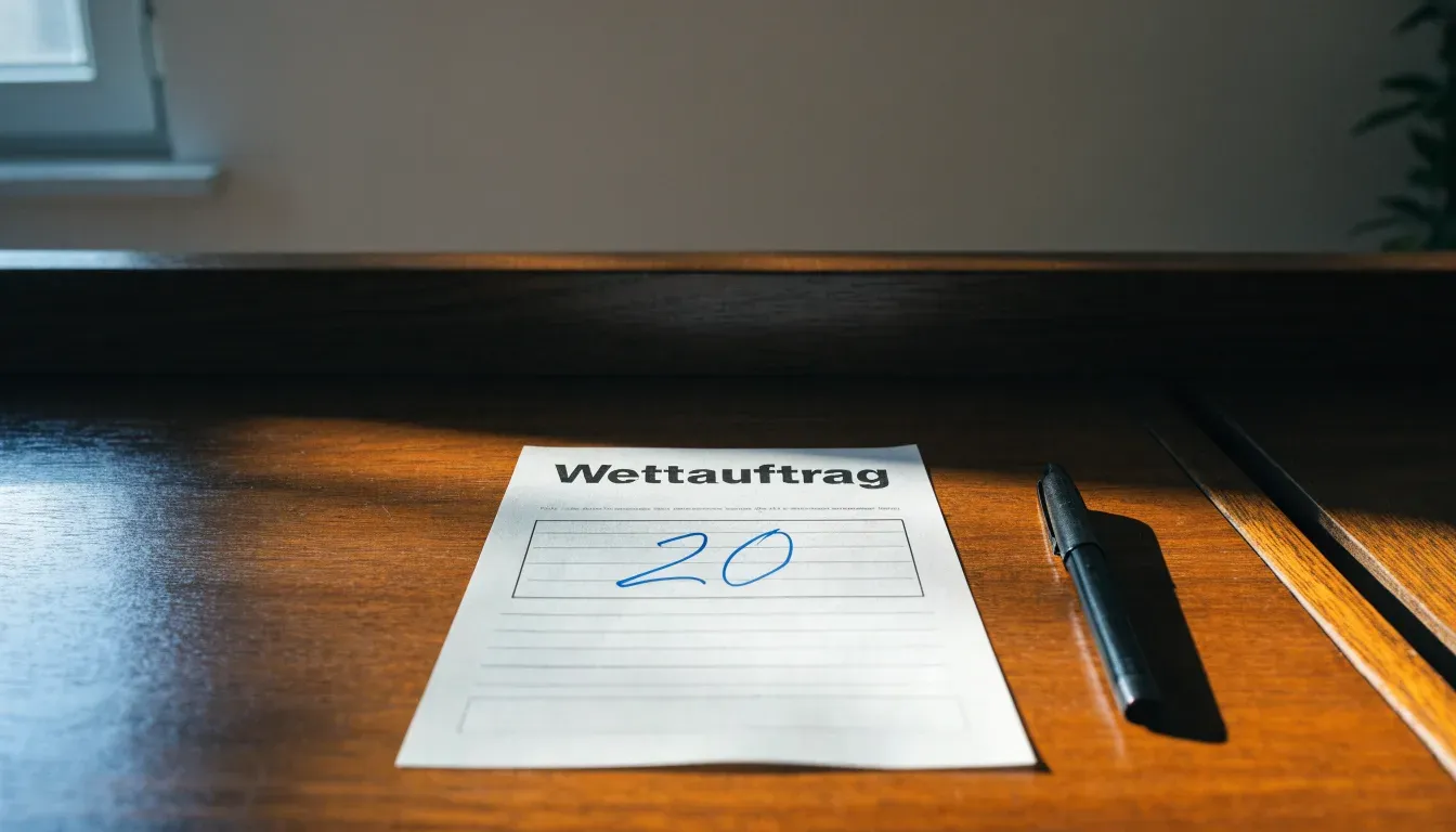 Ein schwerer Holztisch in einem hellen Büro mit einem leeren Notizblock und einem Füllfederhalter, Licht fällt durch ein hohes Fenster.