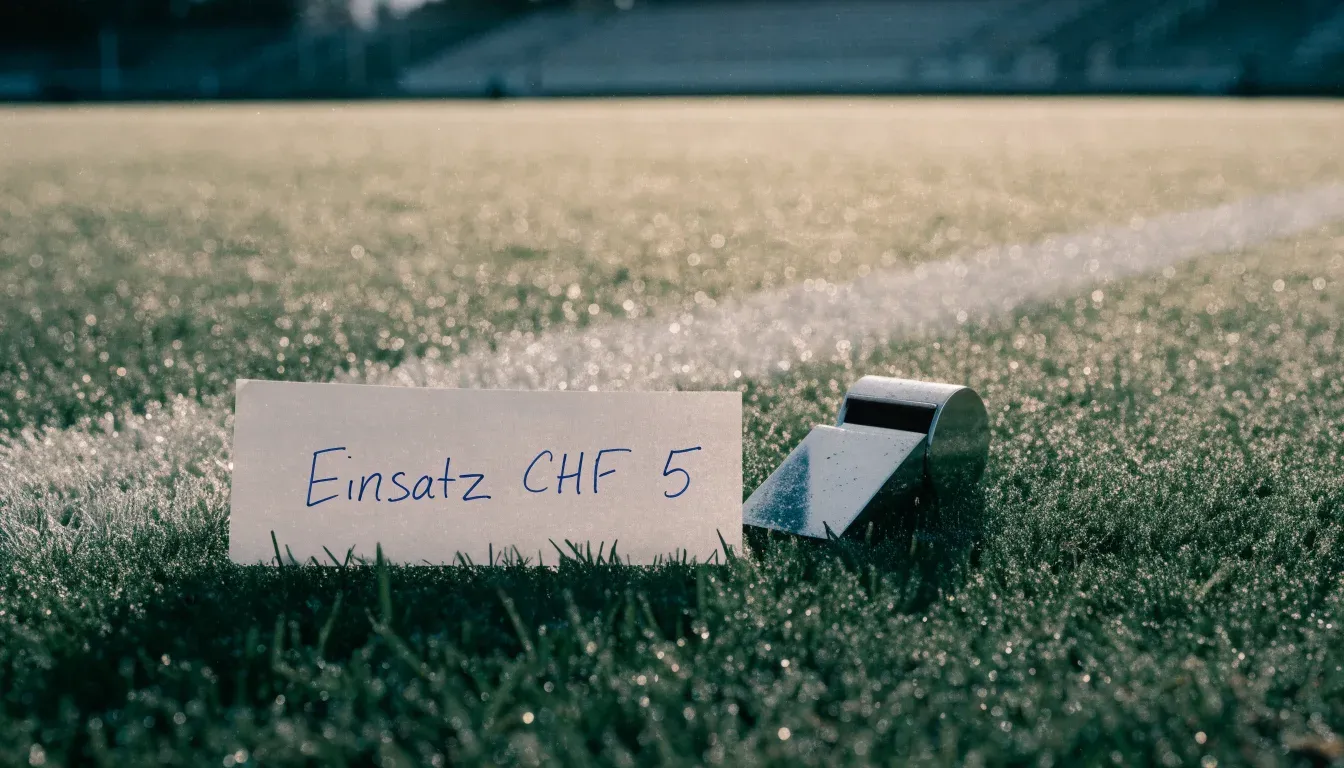 Eine Trillerpfeife liegt auf dem Rasen neben der Mittellinie, Tau hängt an den Halmen, im Hintergrund ein leerer Spielfeldrand.