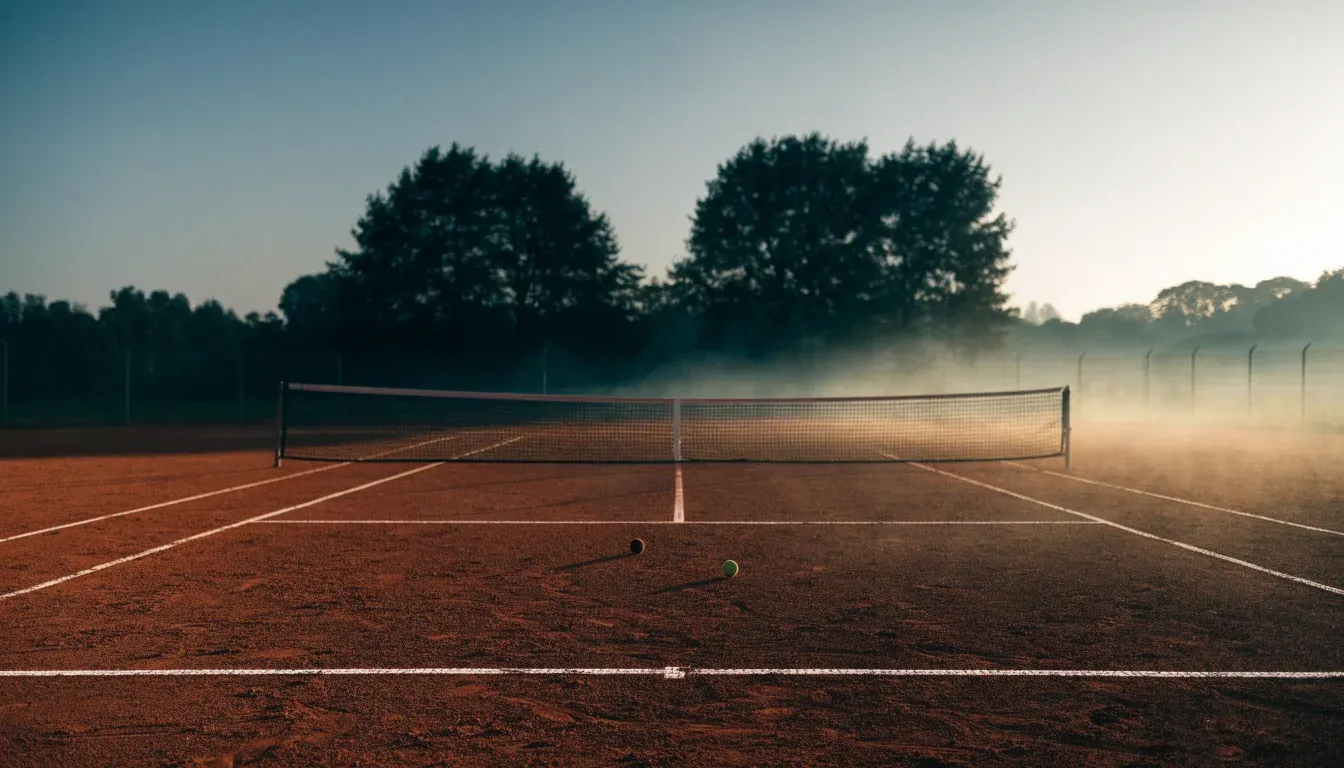 Ein Tennisplatz bei Sonnenaufgang, die Linien frisch gezogen, das Netz in der Mitte und Nebel über dem Boden.