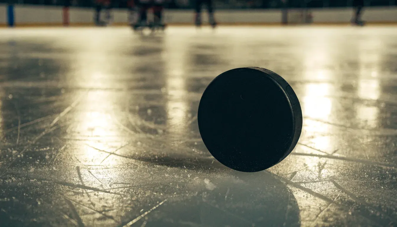 Ein Eishockeypuck liegt auf dem Eis, im Hintergrund unscharf die Bande unter hellem Hallenlicht.