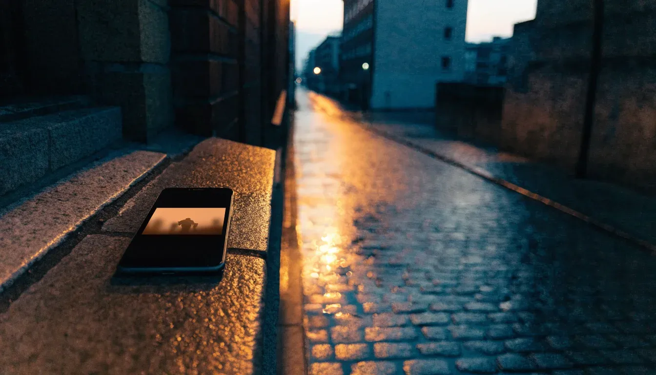 Eine Strassenlaterne in einer leeren Gasse am Abend, das nasse Kopfsteinpflaster spiegelt das warme Licht.