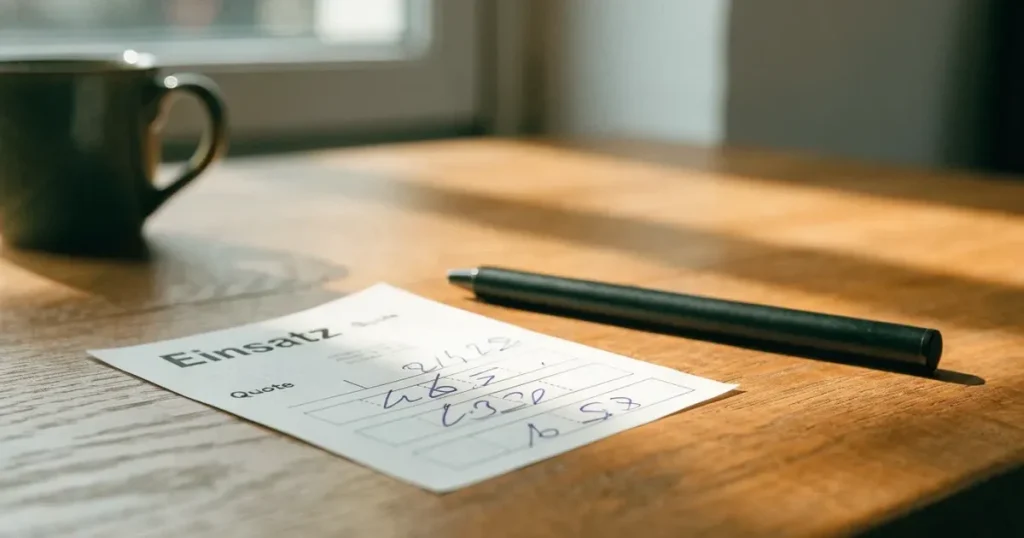 Ein leerer Wettschein aus Papier liegt neben einem Kugelschreiber auf einem Holztisch, weiches Licht fällt von der Seite.