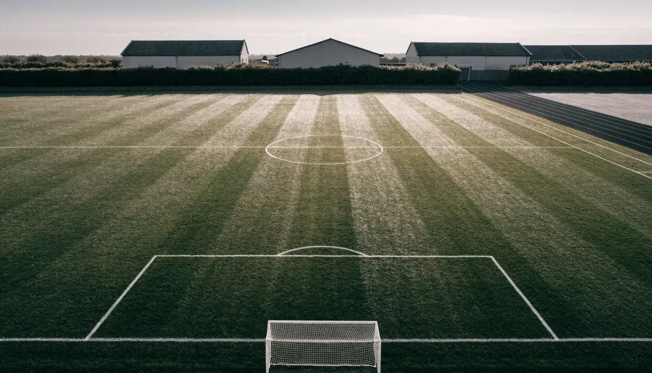 Ein Fussballplatz von oben gesehen, die Linien bilden ein helles Muster auf dem Rasen, Drohnenperspektive in der Morgendämmerung.