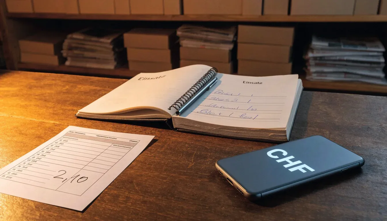 Ein alter Holztresen mit einem Notizbuch und einem Taschenrechner in warmem Lampenlicht, Regale im Hintergrund.