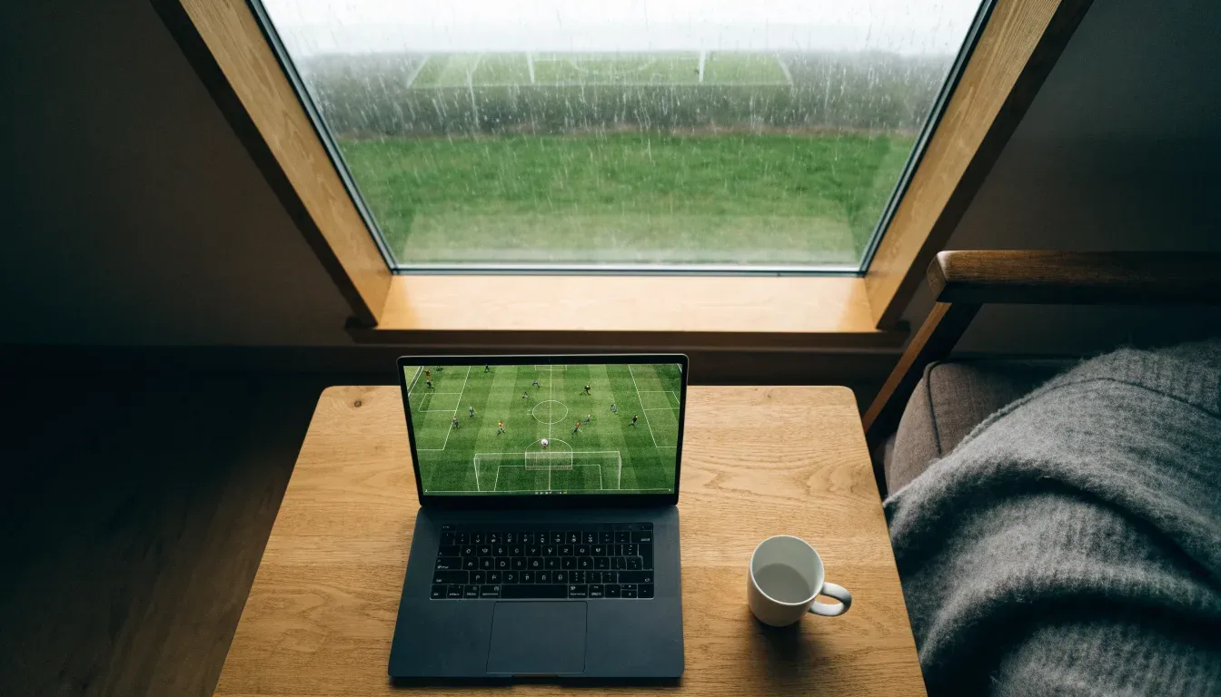Ein Sofa mit Wolldecke steht vor einem grossen Fenster, draussen Regen und in der Ferne ein Fussballplatz.