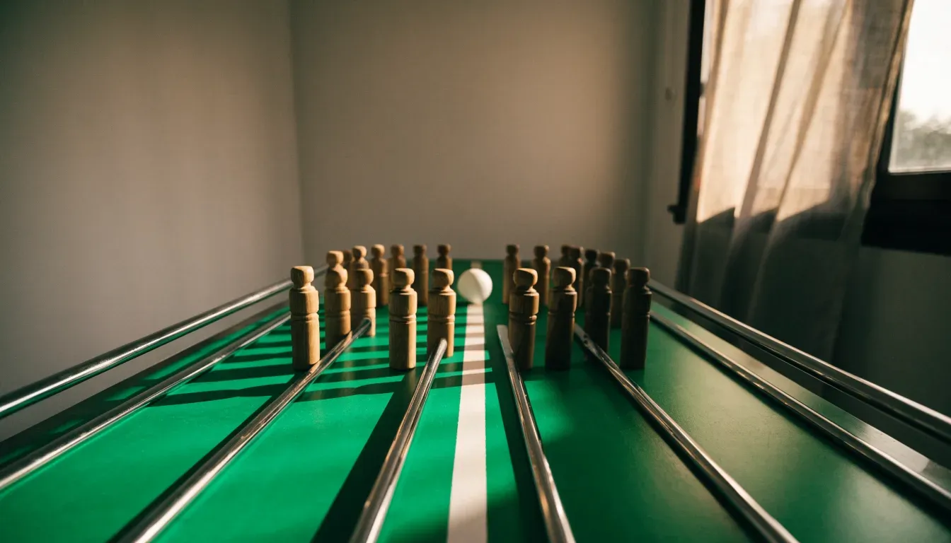 Ein Tischfussballtisch steht in einem leeren Aufenthaltsraum, Nachmittagslicht fällt durch ein Fenster.
