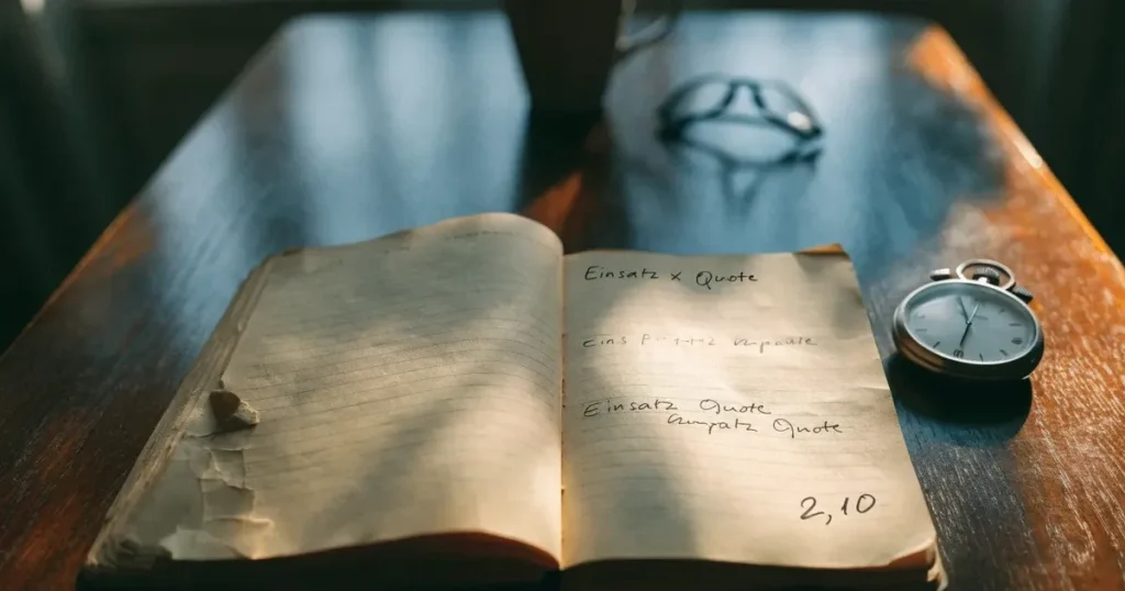 Ein aufgeschlagenes Notizbuch mit handschriftlichen Notizen und Skizzen liegt neben einer Stoppuhr auf einem Holztisch.