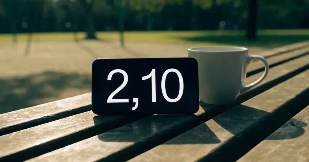 Ein Smartphone mit dunklem Display liegt auf einer Parkbank, daneben ein Kaffeebecher, im Hintergrund ein Spielplatz.