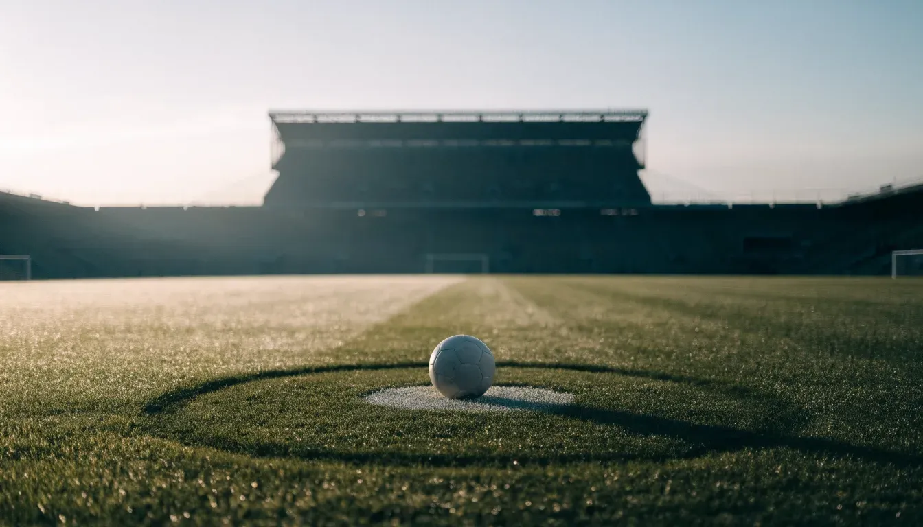 Ein Fussball liegt auf dem Anstosspunkt eines leeren Rasenplatzes im frühen Morgenlicht, dahinter erhebt sich eine menschenleere Tribüne.