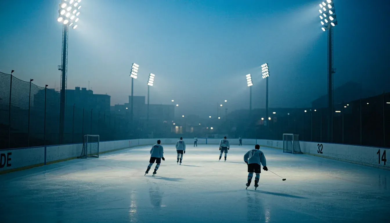 Ein grosses Eisstadion aus der Ferne gesehen, hell erleuchtet von Flutlicht in der Abenddämmerung, davor eine leere Strasse.