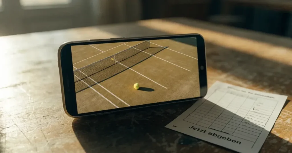 Ein Sandplatz für Tennis liegt bei Sonnenaufgang still da, das Netz wirft einen langen Schatten über die weissen Linien.