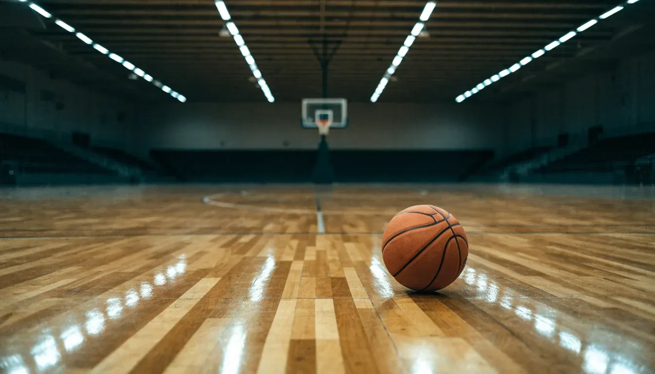 Ein Basketball liegt auf dem Parkett einer leeren Halle, von den Deckenlampen fällt gleichmässiges Licht auf den Boden.