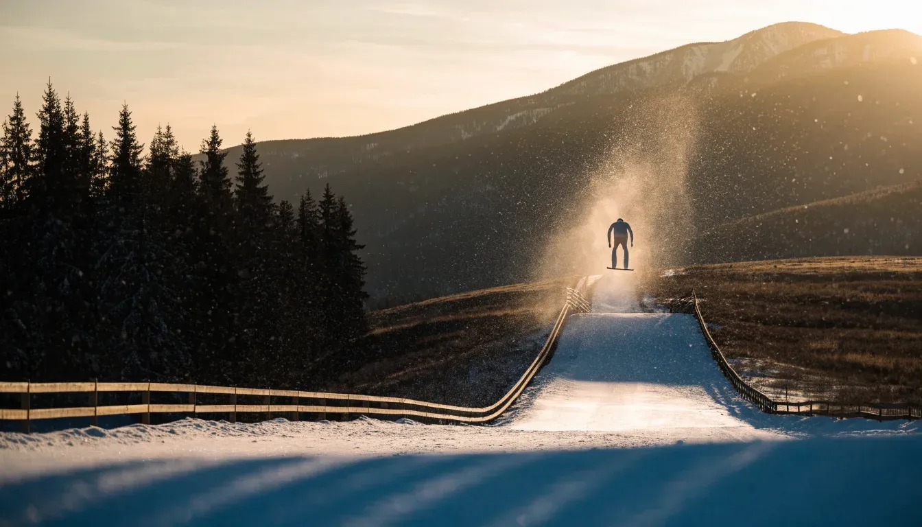 Eine Skisprungschanze erhebt sich vor verschneiten Bergen im Morgenlicht, die Hänge sind unberührt und ruhig.