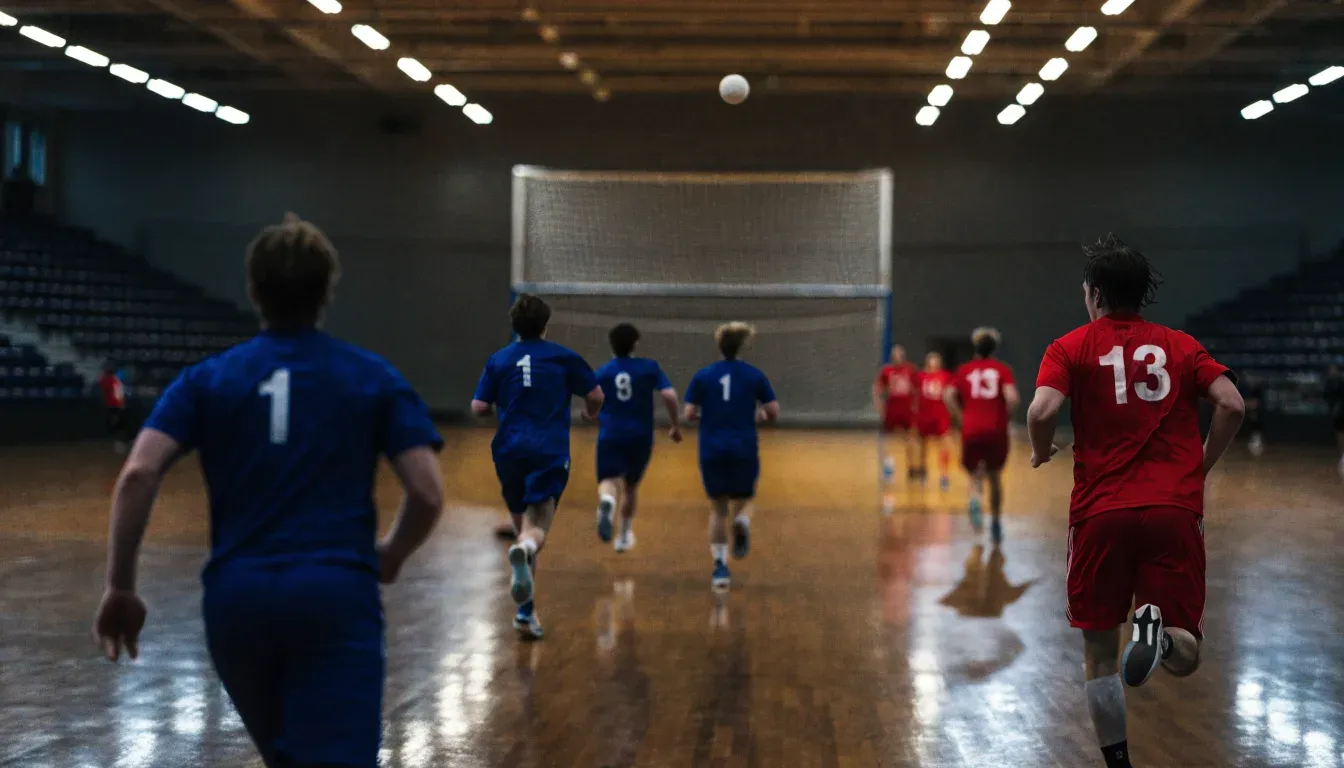 Ein Handballtor in einer leeren Sporthalle, der Ball liegt im Torraum und das Hallenlicht spiegelt sich im Parkett.