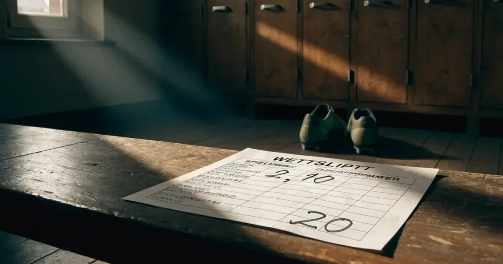 Ein Paar Fussballschuhe steht auf einer Holzbank in einer leeren Umkleide, Morgenlicht fällt durch ein kleines Fenster.