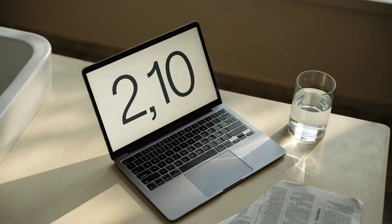 Ein geschlossener Laptop steht neben einem Glas Wasser auf einem Küchentisch im Licht des frühen Morgens.