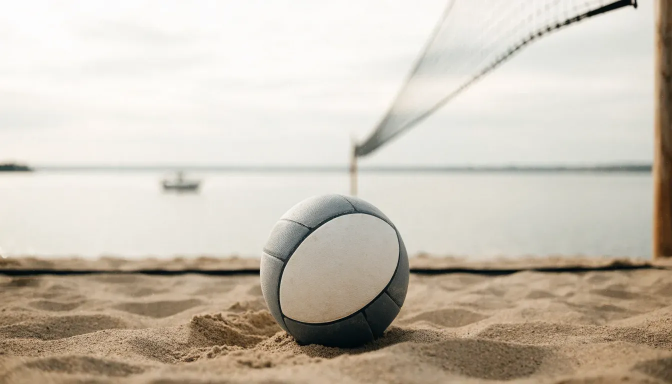 Ein Volleyball liegt im Sand eines Spielfelds am Seeufer, im Hintergrund gleitet ein Boot über das Wasser.
