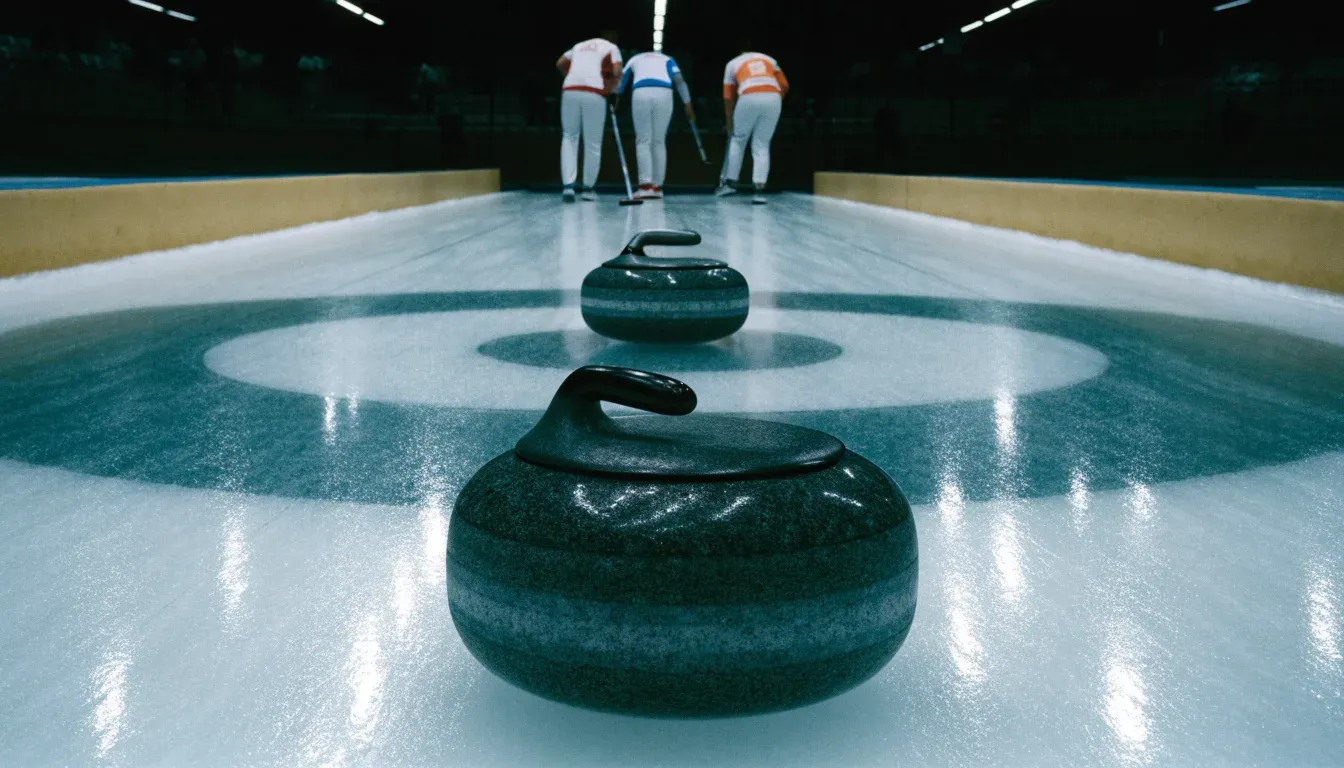 Mehrere Curlingsteine liegen auf einer glatten Eisfläche in einer leeren Halle, Deckenlicht spiegelt sich im Eis.