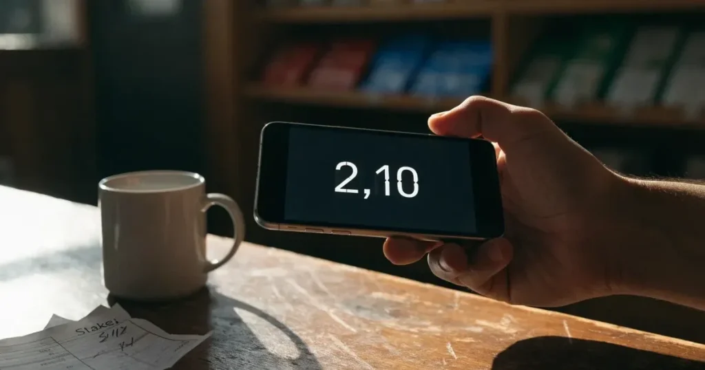 Eine Hand hält ein Smartphone mit dunklem Display knapp über eine hölzerne Ladentheke in einem kleinen Geschäft.