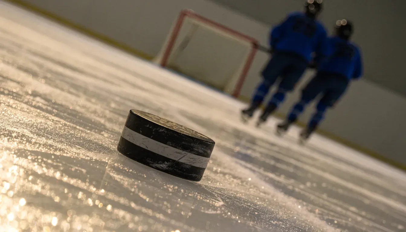 Ein Eishockeypuck liegt in Grossaufnahme auf der Eisfläche, feine Kratzer im Eis glänzen im hellen Hallenlicht.