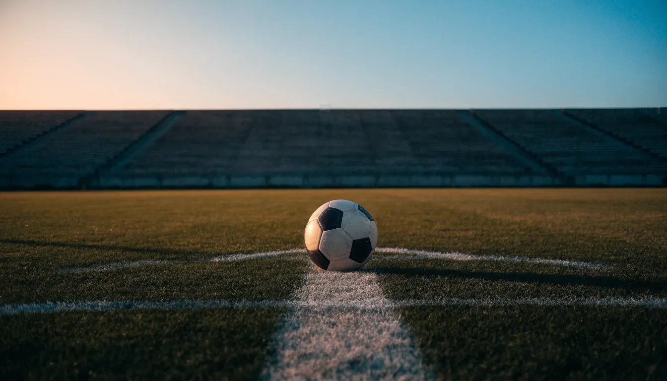 Ein Fussball liegt auf dem Mittelkreis eines leeren Rasenplatzes, dahinter ragen leere Tribünenreihen in den Abendhimmel.