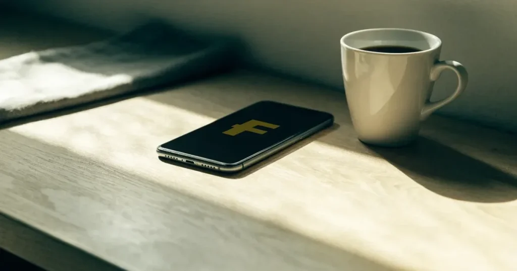 Ein Smartphone mit dunklem Display liegt auf einem hellen Holztisch neben einer Kaffeetasse, Morgenlicht fällt schräg durch ein Fenster.