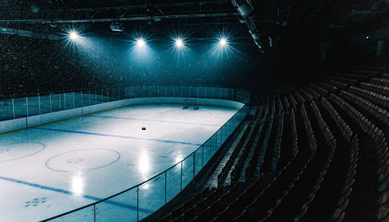 Eine Eishockeybahn liegt unter Flutlicht aus der Ferne betrachtet, leichter Schneefall treibt durch den Lichtkegel über dem Eis.