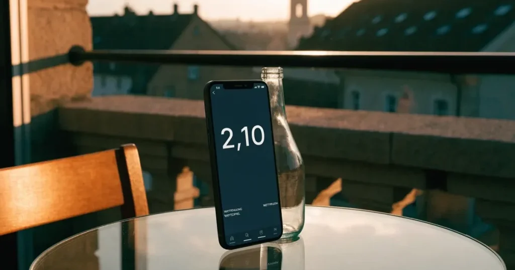 Ein Smartphone mit dunklem Display lehnt an einer Glasflasche auf einem Balkontisch, dahinter liegt eine Altstadt in der Abendsonne.