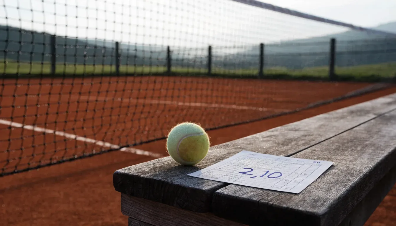 Ein Sandplatz für Tennis liegt bei Morgengrauen leer da, Tau glänzt auf dem Netz, hinter dem Zaun steigen Wiesen an.