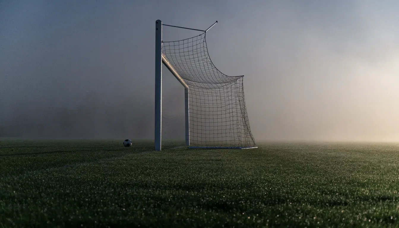Eine Torlinie mit Netz steht am frühen Morgen im dichten Nebel auf einem Rasenplatz, die Umrisse der Pfosten verschwimmen.
