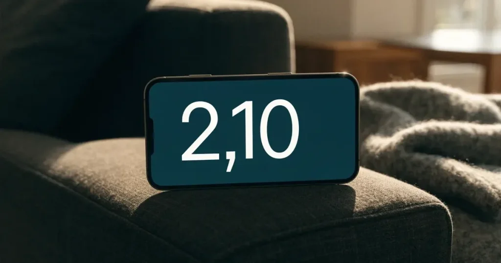 Ein Smartphone mit dunklem Display liegt auf der Lehne eines Sofas neben einer Wolldecke, warmes Abendlicht fällt ins Zimmer.