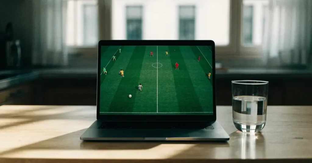 Ein geschlossener Laptop steht auf einem Küchentisch neben einem Wasserglas, durch das Fenster dahinter fällt weiches Tageslicht.
