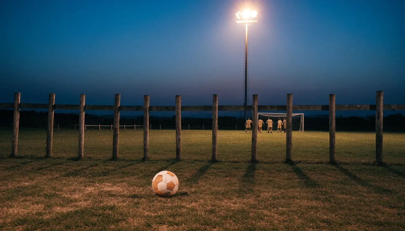 Ein kleiner Dorf-Fussballplatz liegt in der Dämmerung unter einem hohen Flutlichtmast, am Spielfeldrand steht ein Holzzaun.