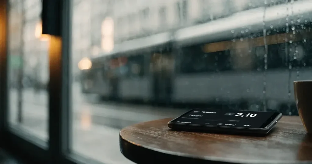 Ein Café-Tisch am Fenster trägt ein Smartphone mit dunklem Display, an der Scheibe laufen Regentropfen herunter und draussen steht eine Tram.