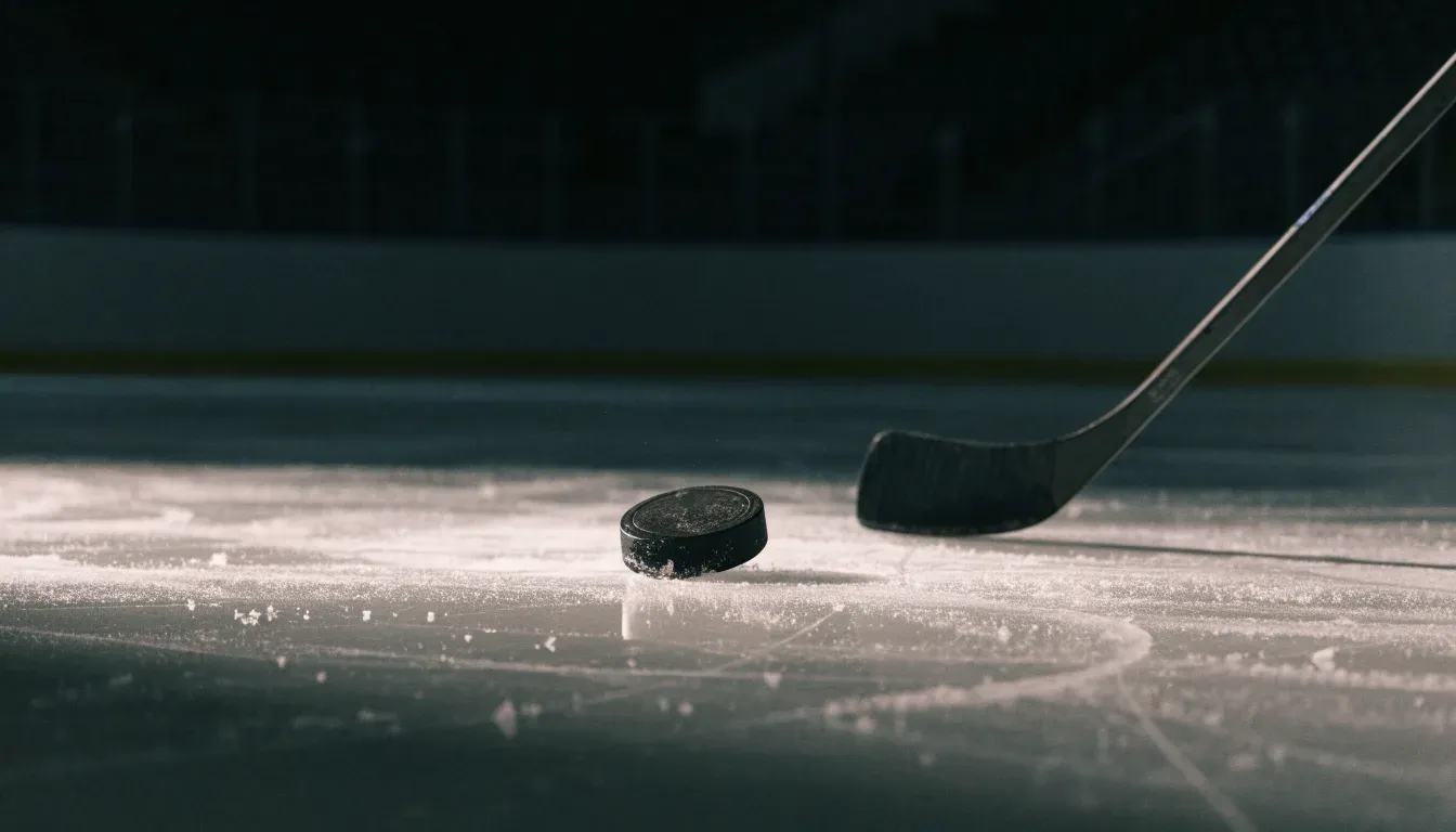 Ein Eishockeypuck liegt auf der Eisfläche neben dem Blatt eines Schlägers, die Bande dahinter ist im Dunkeln nur schwach zu erkennen.