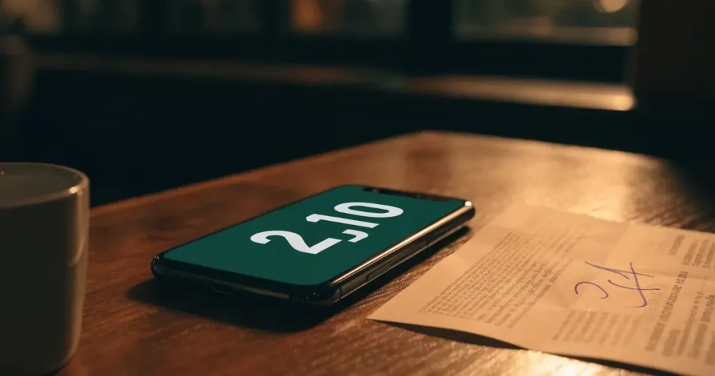 Ein Schlüsselbund und ein Smartphone mit dunklem Display liegen auf einer Holzbank in einem Hauseingang, daneben ein Regenschirm.