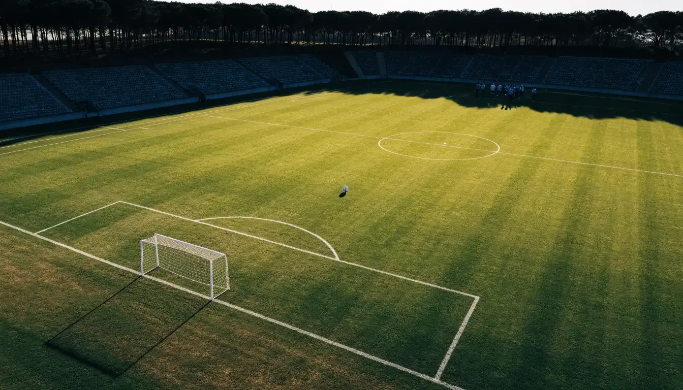 Ein Rasenplatz mit Spielfeldlinien ist von oben gesehen, ein einzelner Ball liegt in der Mitte, rundherum stehen leere Tribünen und Tannenwald.
