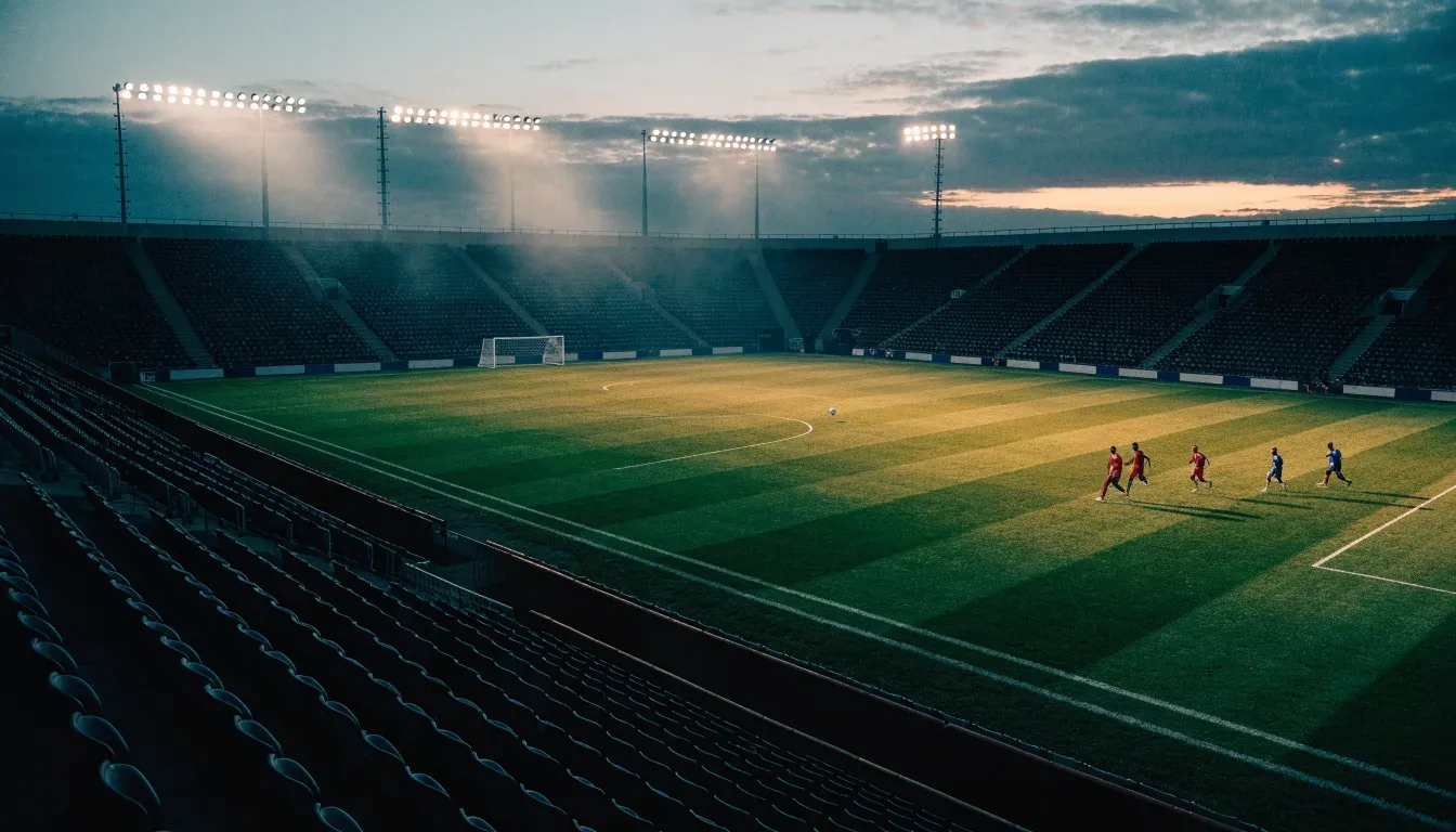 Leere Tribünenränge eines Fussballstadions in der Abenddämmerung, über dem Rasen leuchten die Flutlichter.