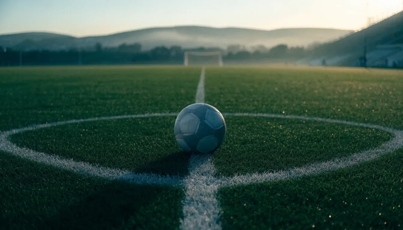 Ein Fussball liegt am frühen Morgen auf dem Anstosspunkt eines taunassen Rasens, im Hintergrund erheben sich Hügel im Dunst.