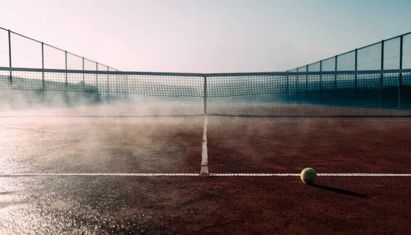 Ein Tennisplatz im Morgengrauen mit gespanntem Netz und feinem Dunst über der roten Asche.