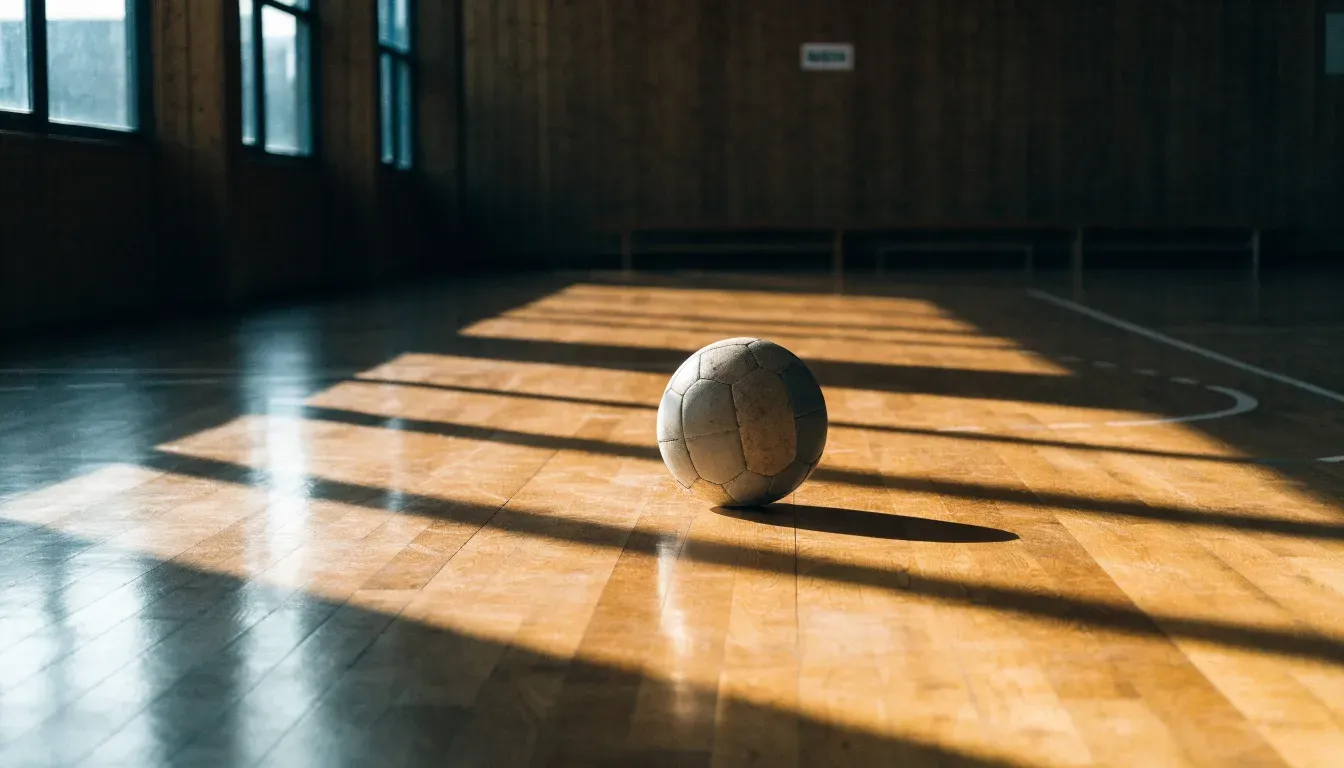 Der Boden einer Sporthalle aus poliertem Parkett mit einem einzelnen Handball in der Mitte, Licht fällt durch hohe Fenster.