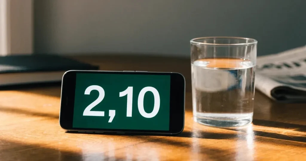 Ein Smartphone liegt mit dem Display nach unten auf einem Holztisch neben einem Wasserglas.
