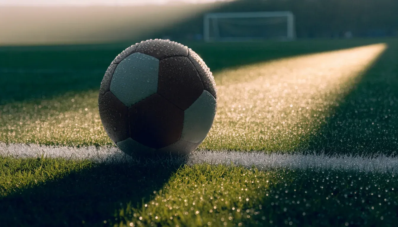 Ein Fussball ruht an der Seitenlinie im taufeuchten Gras, die ersten Sonnenstrahlen fallen schräg über den Platz.