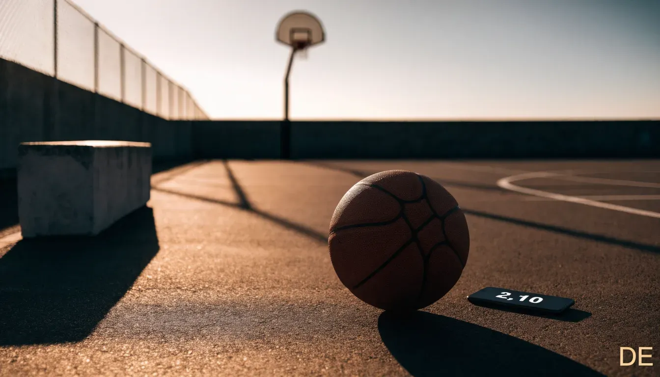 Ein Basketball liegt bei Sonnenuntergang auf einem leeren Aussenplatz, lange Schatten fallen über den Boden.