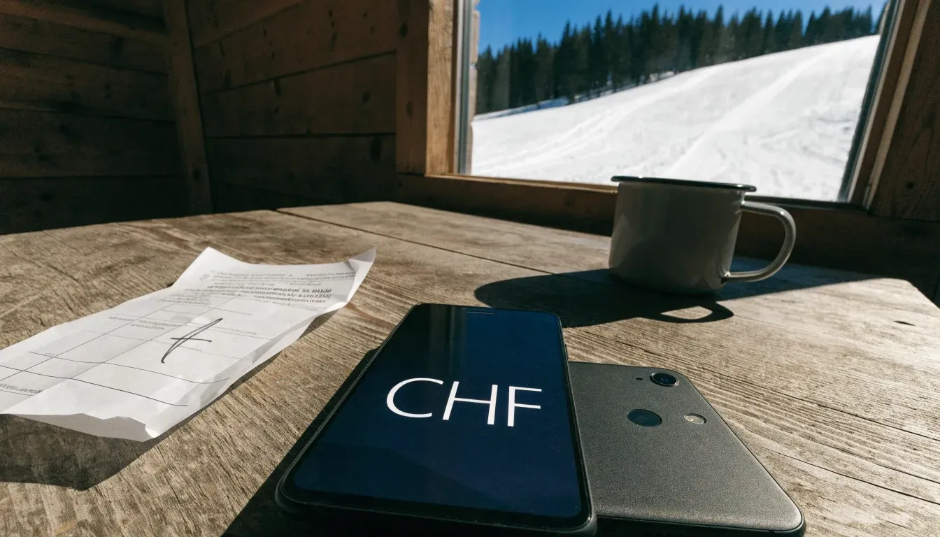 Skispuren im frischen Schnee an einem sonnigen Hang vor blauem Himmel.