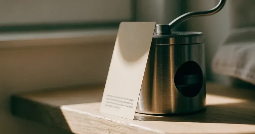 Eine leere cremefarbene Karte lehnt an einer Kaffeemühle auf einer Küchenablage.