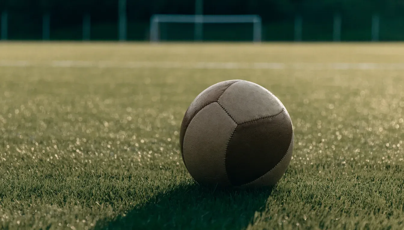 Ein Fussball auf dem Rasen aus niedriger Perspektive aufgenommen, die Torpfosten verschwimmen im Hintergrund.