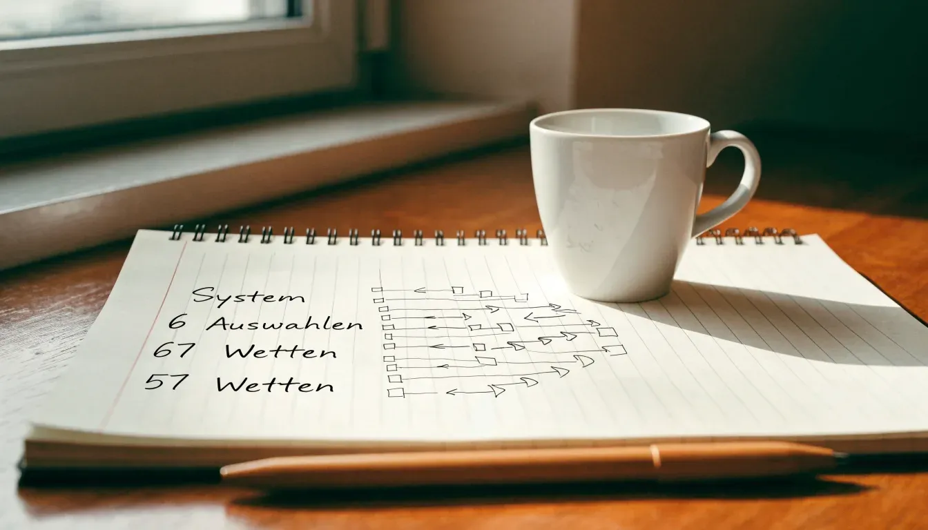 Ein aufgeschlagenes Notizbuch mit handschriftlichen Pfeilen und Kästchen liegt neben einer Kaffeetasse auf einem Schreibtisch am Fenster.