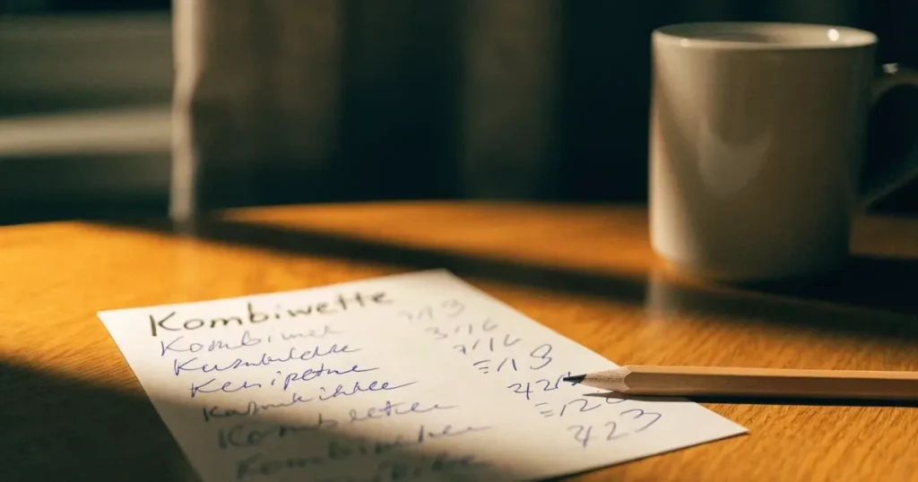 Ein Schachbrett mit mehreren Figuren mitten in einer Partie steht auf einem Holztisch, daneben liegt ein Stift.